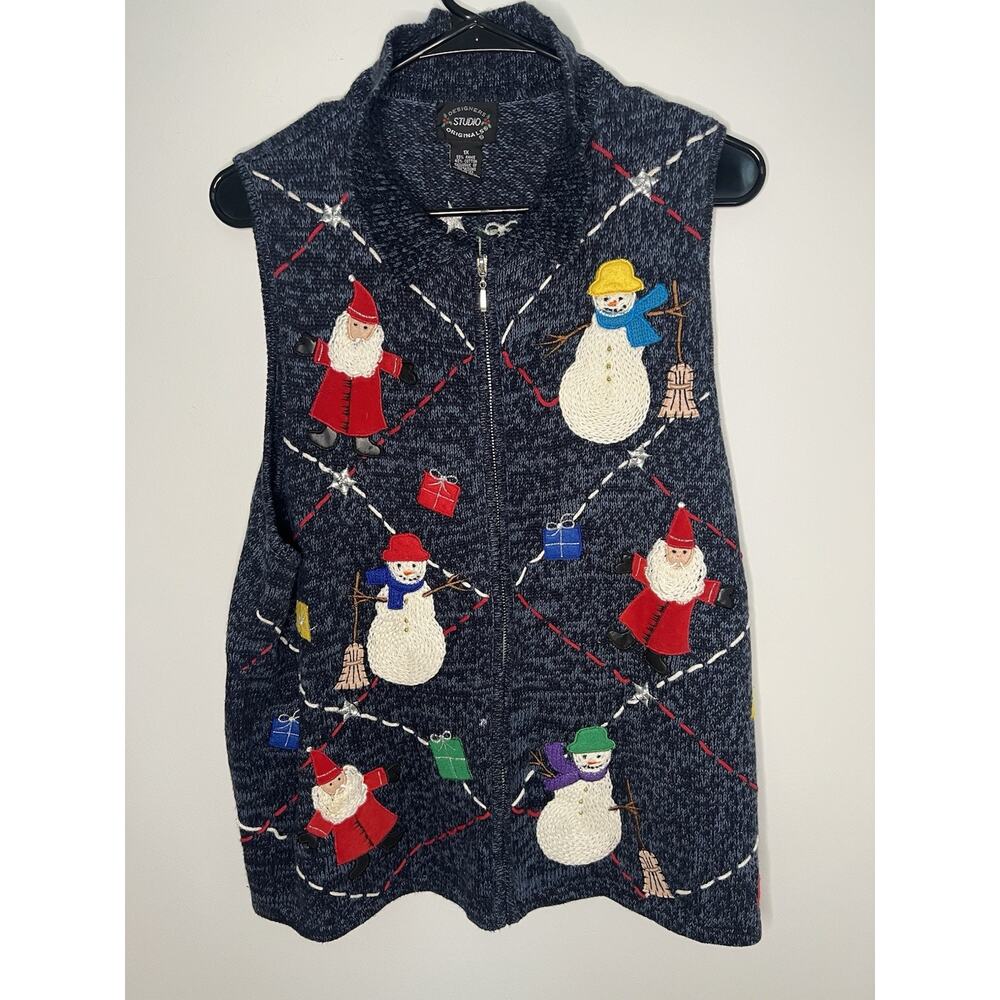 VTG 1X Ramie Cotton Full Zip Snowman Holiday Ugly Sweater Vest Christmas Festive